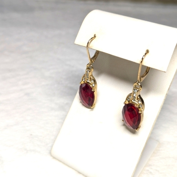 Vintage Goldtone,Red and Clear Rhinestone Pierced Earrings - Picture 2 of 7